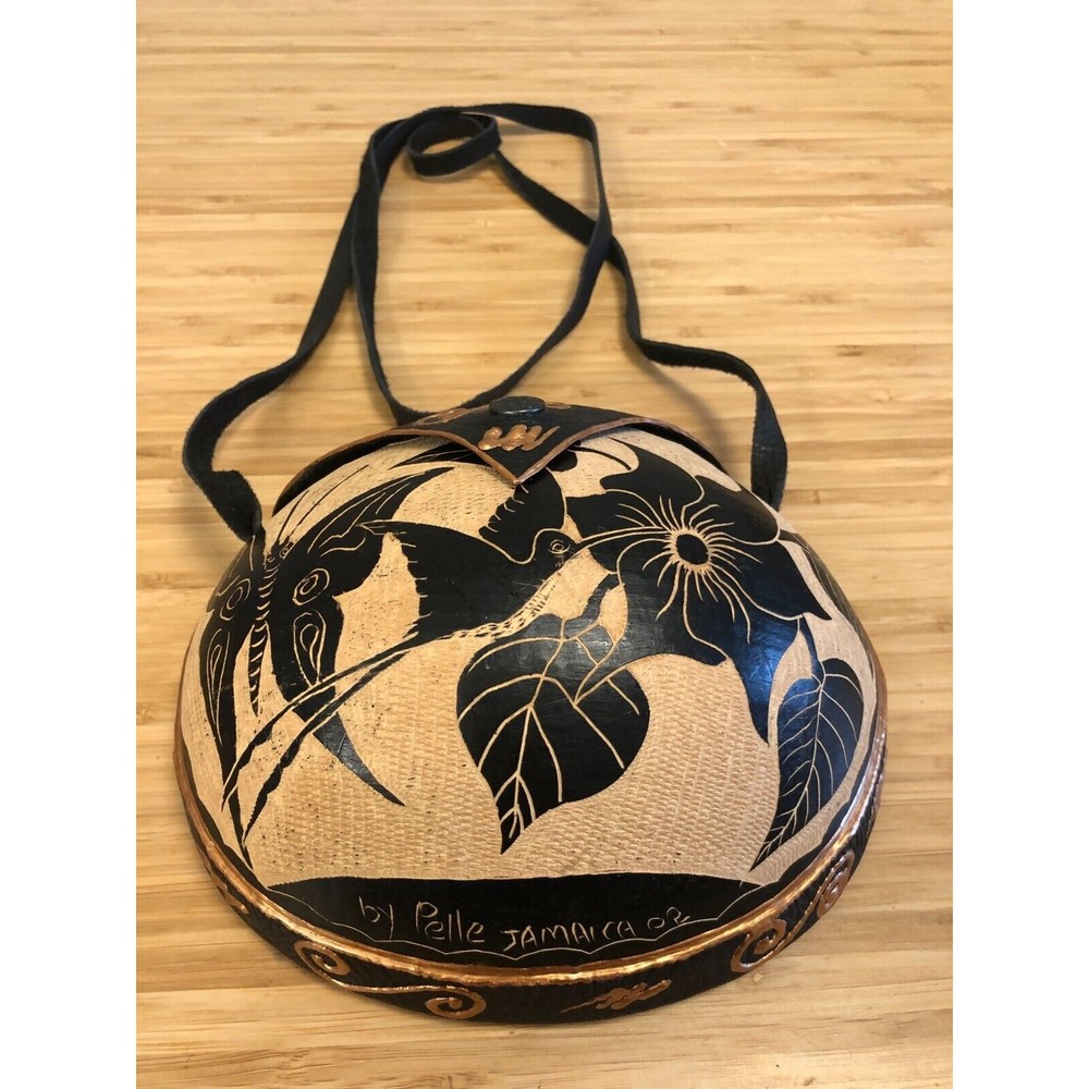 Vintage Artistic Wooden Leather Purse Bag by Pelle Jamaica 2002 Hand Made Unique